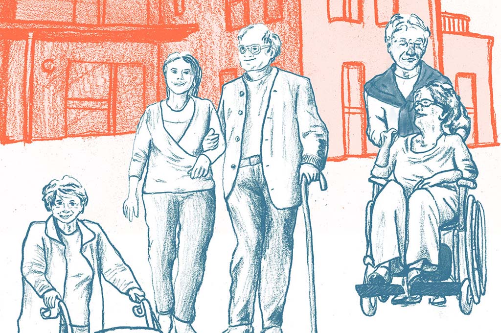 Eine Zeichnung auf der Seniorinnen und Senioren vor einem Haus zu sehen sind. (Bild: FH Bielefeld/Serafima Rayskina).