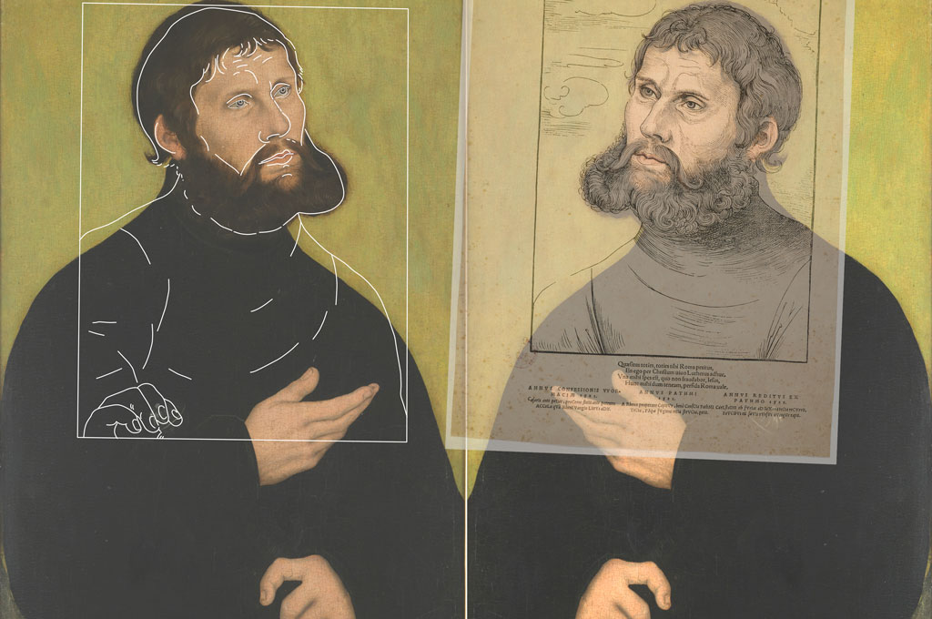 Übereinstimmende Gesichtskonturen zwischen den „Junker-Jörg“-Gemälden und dem Holzschnitt-Bildnis „Junker Jörg“ lassen auf die Verwendung einer gemeinsamen Vorlage schließen.