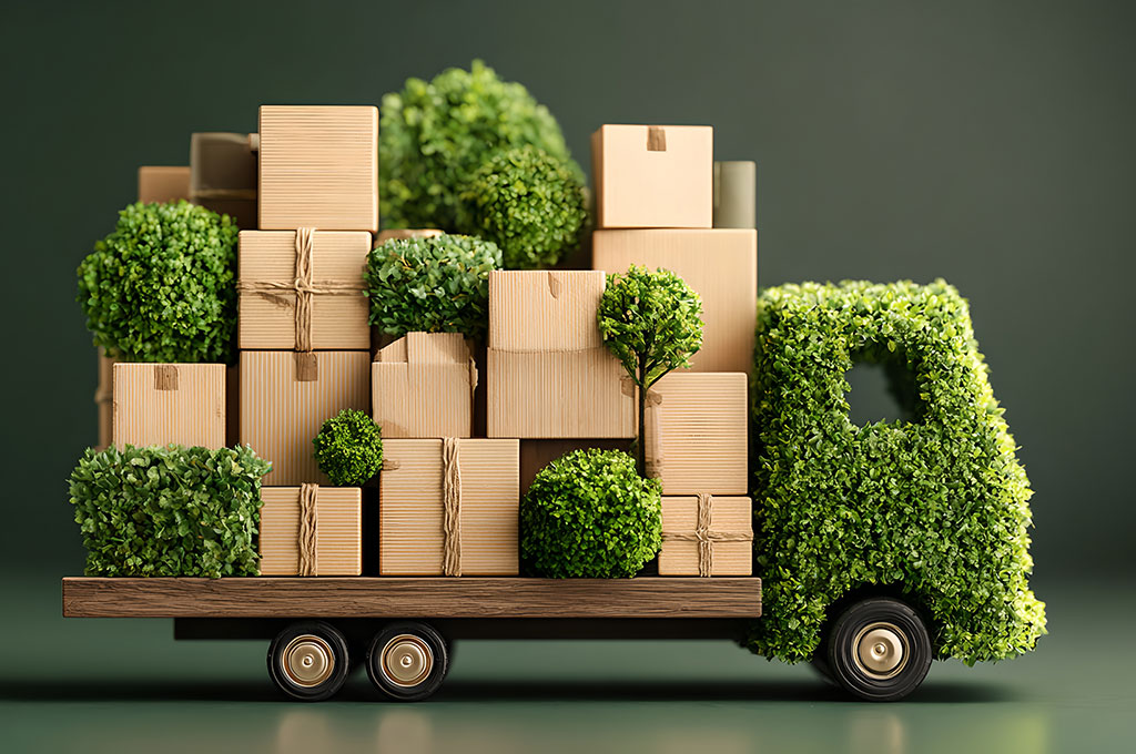 AdobeStock_1915215552 Ein stilisierter Lieferwagen aus Pflanzen und Kartons, beladen mit Paketen, vor grünem Hintergrund.